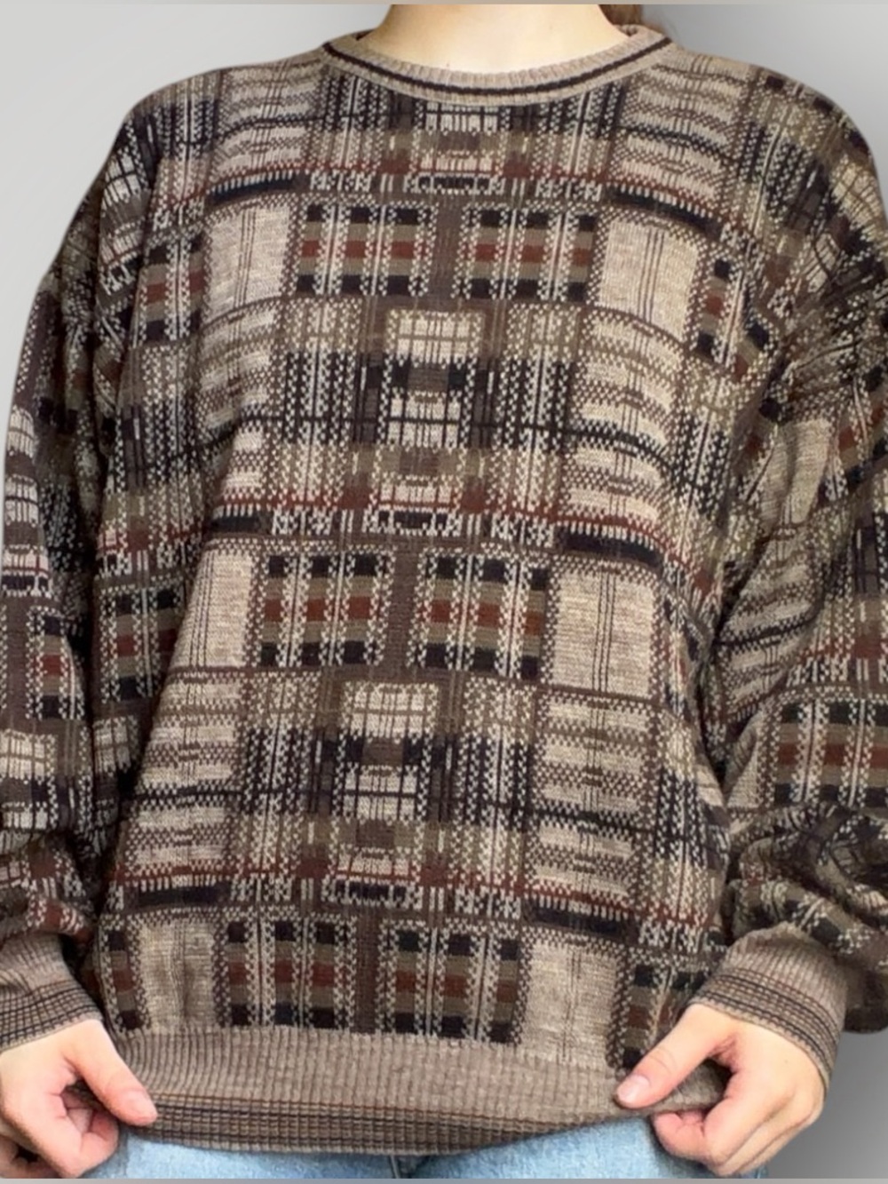 Textured Plaid Knit Sweater in Brown & Tan